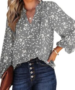 Dokotoo Women's Casual V Neck Alicia Floral Print Smocked Long Sleeve Chiffon Blouses Bohemian Top Shirts