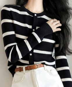 French retro black and white striped polo collar knit cardigan